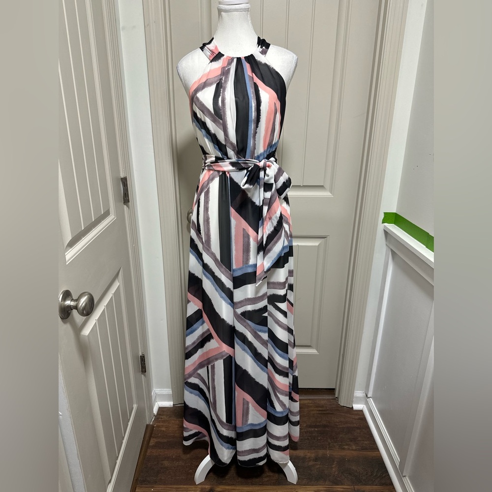 Vince Camuto Striped Halter Maxi Dress in Pink, Black & Blue